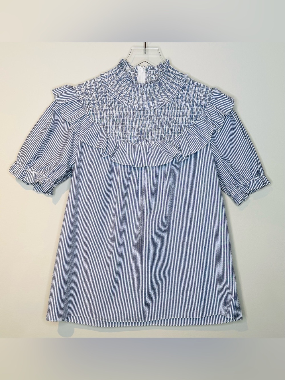 Sail To Sable Blue White Seersucker Smocked Ruffle Neck Blouse Shirt Top - Picture 9 of 9